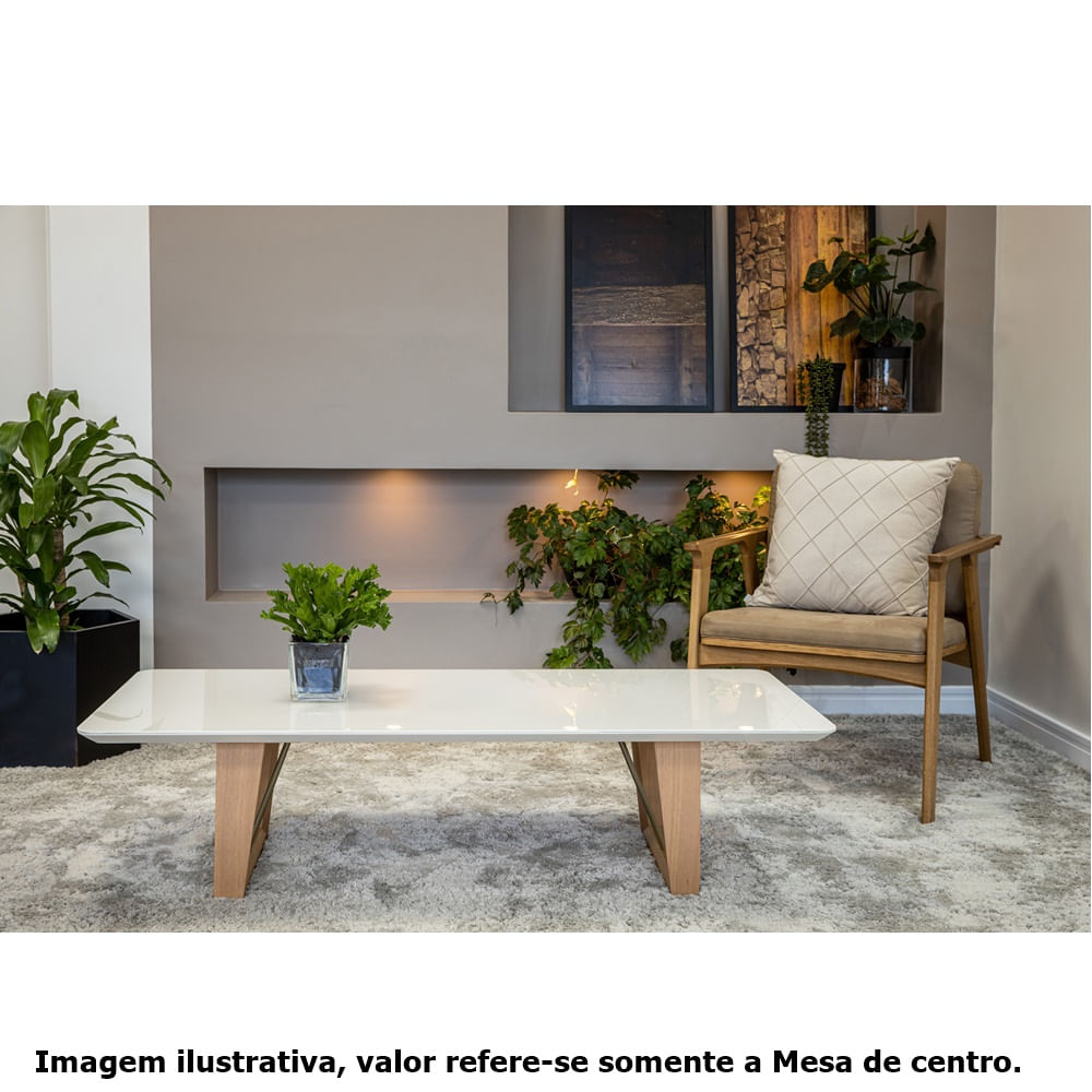 mesa de centro sara tampo de vidro e mdf na cor off white  base na cor amêndoa e aço na cor  dourado 140cm de largura