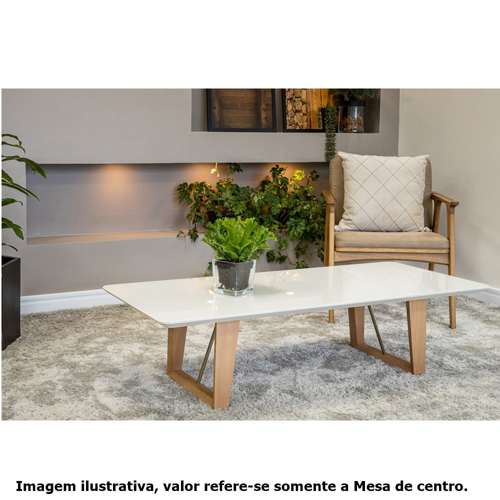 mesa de centro sara tampo de vidro e mdf na cor off white  base na cor amêndoa e aço na cor  dourado 140cm de largura