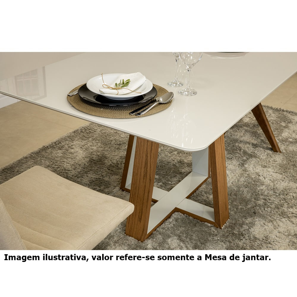 mesa macau base em mdf carvalho amêndoa com tampo de vidro e mdf na cor off white 140cm