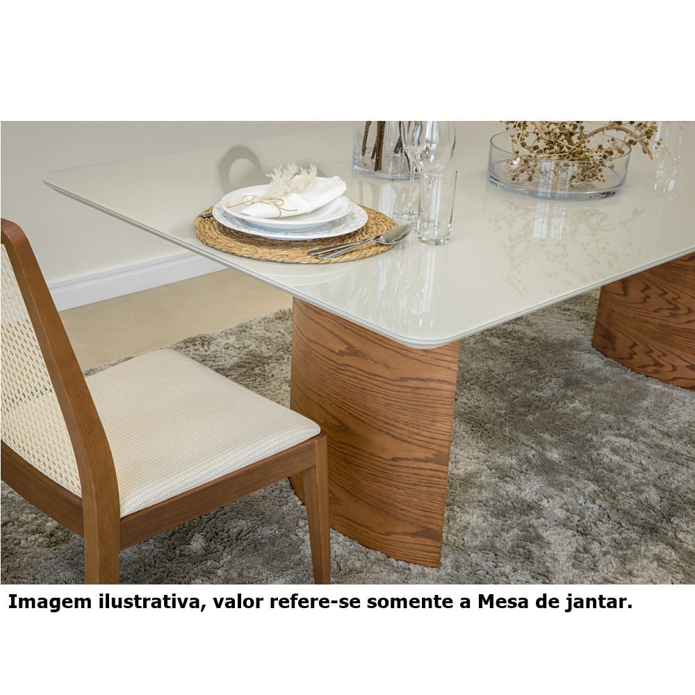 mesa de jantar perth base na cor  carvalho amendoa tampo em mdf com vidro na cor off white 200cm