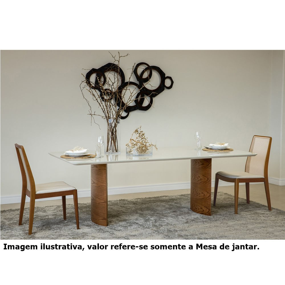 mesa de jantar perth base na cor  carvalho amendoa tampo em mdf com vidro na cor off white 200cm