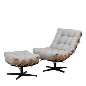 Poltrona + Puff Costela Linho Cinza com Base X Preta Estrutura Madeira Natural - 69169