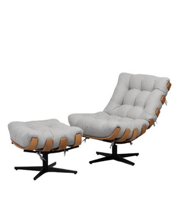 Poltrona + Puff Costela Linho Cinza com Base X Preta Estrutura Madeira Natural - 69169