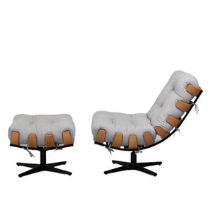 Poltrona + Puff Costela Linho Cinza com Base X Preta Estrutura Madeira Natural - 69169