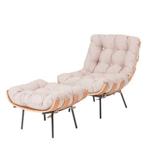 Poltrona + Puff Costela Bege com Base Preta Estrutura Madeira Natural - 69173