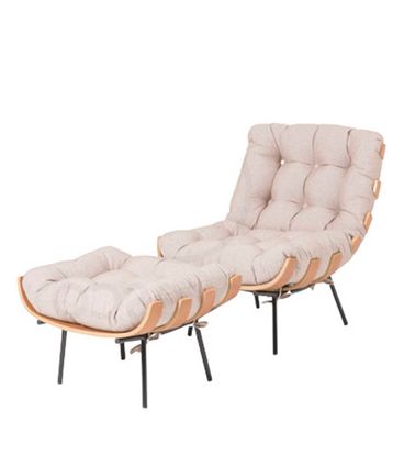 Poltrona + Puff Costela Bege com Base Preta Estrutura Madeira Natural - 69173