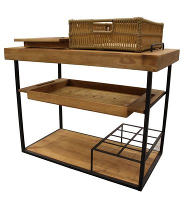 Carrinho Bar Bergen em Madeira e Fibra cor Mel com Base Metal Preta 95 cm - 69456