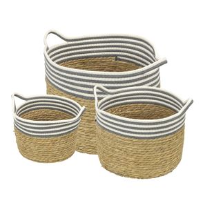 Kit 3 Cestos Ornes em Fibra Natural Seagrass Cinza e Branco - 69653