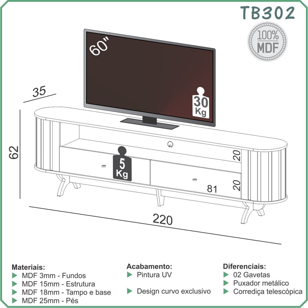 Rack-Curve-TB302-cor-Freijo-com-Preto-Fosco-2-Gavetas-220-cm---69828