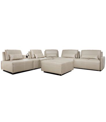 Sofá de Canto Yale 5 Lugares + Puff e Console com Luminária Couro Pérola 590cm - 69958
