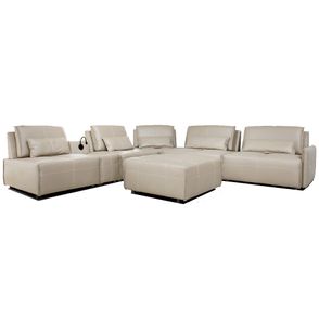 Sofá de Canto Yale 5 Lugares + Puff e Console com Luminária Couro Pérola 630cm - 69959