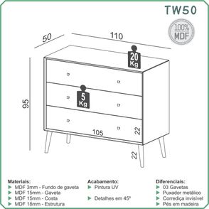 Comoda Wood Prime TW50 com 3 Gavetas cor Freijo 110 cm - 69423