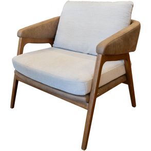 Poltrona Dubia Estofada Tecido Branco e Courino Fendi Base Amendoa - 70208