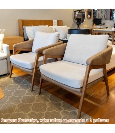 Poltrona Dubia Estofada Tecido Branco e Courino Fendi Base Amendoa - 70208