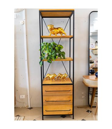 Estante Teka Industrial 3 Gavetas Madeira Amêndoa e Base Preta 200 cm - 70799