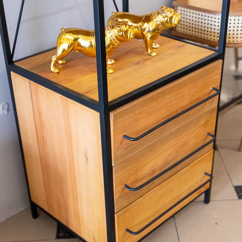 EstanteTekaIndustrial3GavetasMadeiraAmendoaeBasePreta200cm70799