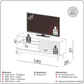 Rack Istambul 1 Porta em MDF Off White com Base Nobre 140 cm - 56512