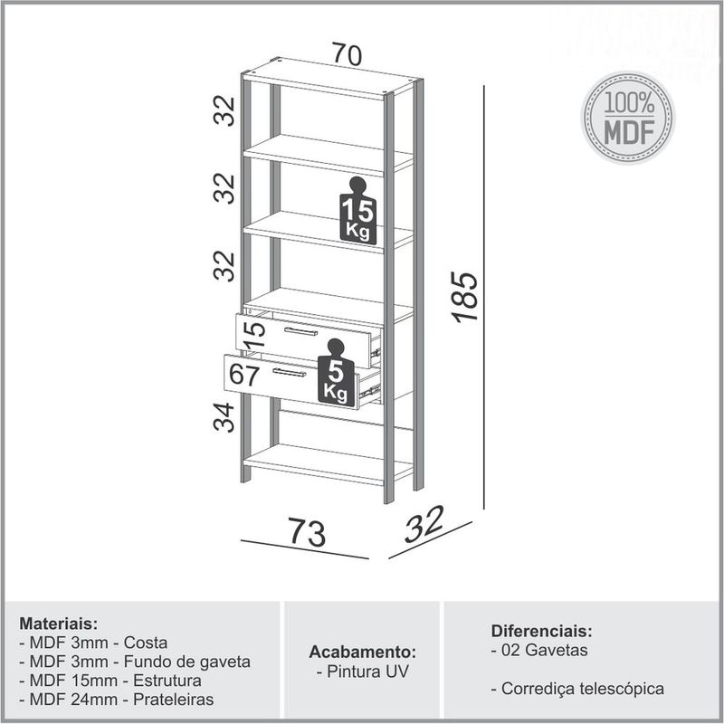 EstanteElegante1Torre2GavetasMDFcorOffWhiteeFreijo185cm52803