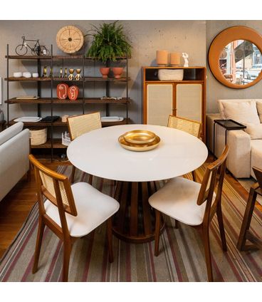 Mesa Jantar Maitê Redonda Tampo MDF Vidro Fendi e Base Ripada Amêndoa 135 cm - 69377