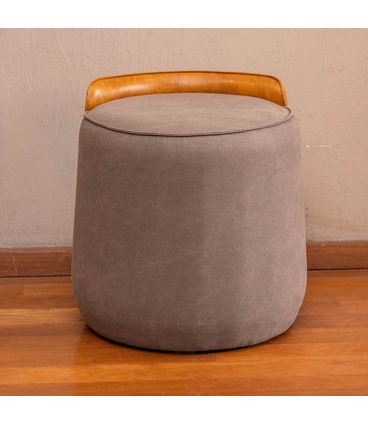 Puff Elano Estofado Tecido Lona Grafite Costas Courino Caramelo - 71332