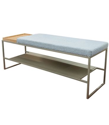 Banco Eros Sapateira Assento Boucle Cinza Bandeja Laminada Carvalho Natural Estrutura Aço Champagne 120cm - 72659