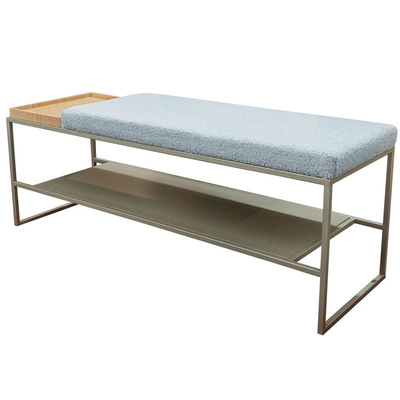 BancoDuetsSapateiraAssentoBoucleCinzacomBandejaCarvalhoNaturalcomEstruturaAcoChampagne120cm72659
