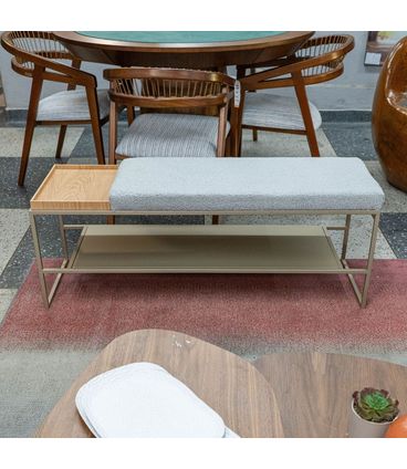 Banco Eros Sapateira Assento Boucle Cinza Bandeja Laminada Carvalho Natural Estrutura Aço Champagne 120cm - 72659
