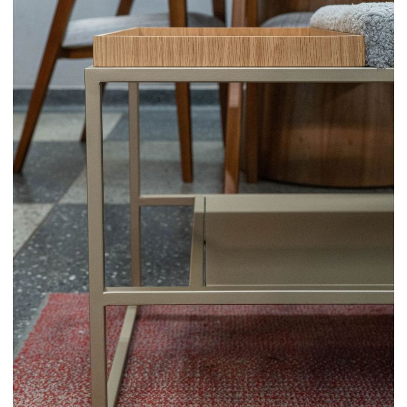 BancoDuetsSapateiraAssentoBoucleCinzacomBandejaCarvalhoNaturalcomEstruturaAcoChampagne120cm72659