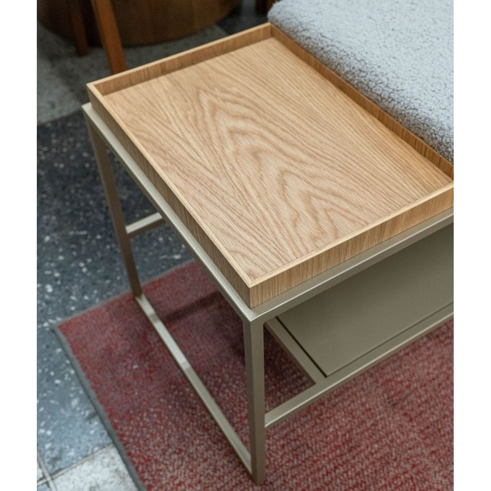 Banco-Duets-Sapateira-Assento-Boucle-Cinza-com-Bandeja-Carvalho-Natural-com-Estrutura-Aco-Champagne-120-cm---72659