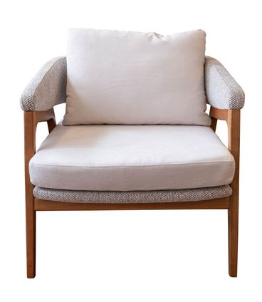 Poltrona Dubia Estofada Tecido Cru e Jacquard Cinza Base Amendoa - 72253