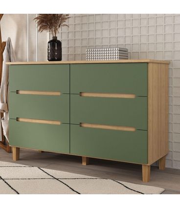 Comoda Logan 6 Gavetas em MDF cor Olmo e Verde 136 cm - 72413