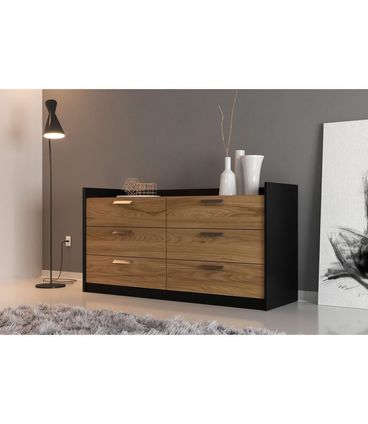 Comoda Veneto 6 Gavetas em MDF cor Preto e Olmo 140 cm - 73094