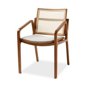Cadeira Maitê com Braço Tela Natural e Assento Linho Cinza Claro com Estrutura Castanho Claro - 74239