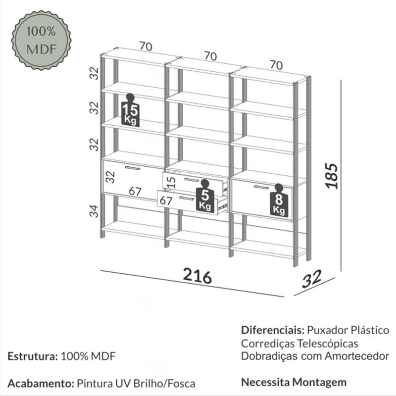 EstanteElegante3Torrescom1Gaveteiroe2Porta216MTLARGcorFreijocomPretoFosco52832