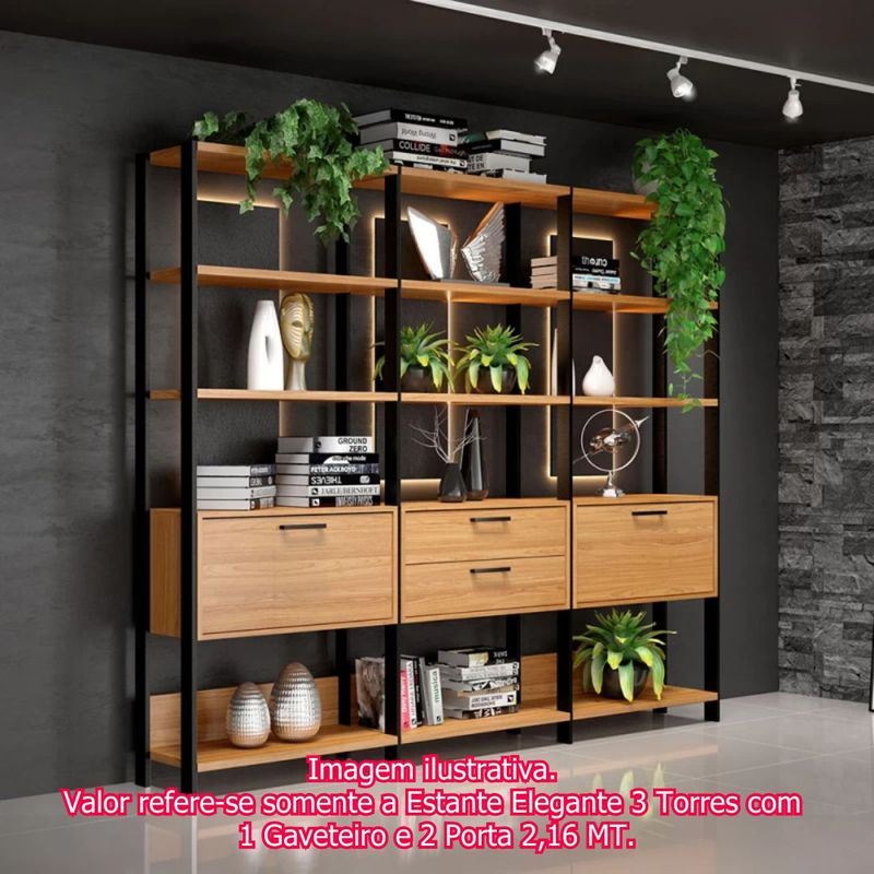 EstanteElegante3Torrescom1Gaveteiroe2Porta216MTLARGcorFreijocomPretoFosco52832