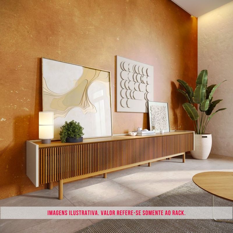 Rack Abra Ripado Cor Off White Com Nature 3 Gavetas
