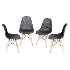Kit com 4 Cadeiras Eames Furadinha Com Base de Madeira na Cor Preta - 64632